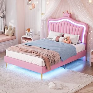 Sweiko Kinderbed, Wieg gestoffeerd bed 90 x 200 cm, Meisjesbedframe, Roze kroon dubbellaags PU lederen bedframe, met LED verlichting, Platte noedelslijst en rugleuning (excl. matras)