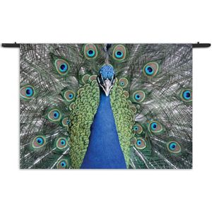 Velours Wandkleed Blauwe Pauw Met Groene Verem Rechthoek Horizontaal L (85 X 120 CM) - Wandkleden - Met roedes