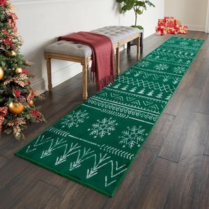 Kerstloper, tapijt, 60 x 300 cm, antislip, lang, kersttapijt, zachte microvezel, sneeuwvlok, groen, wasbaar, keukentapijt, vloerkleed, looptapijt