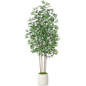 Kunstplanten Ficus, 210 cm, grote kunstplant voor woondecoratie binnenshuis, kunstplanten in witte plantenbak met kunstmos voor thuiskantoor, hoekdecoratie, 1-delige set