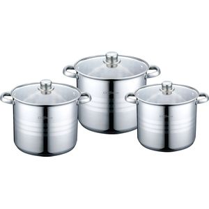 Cheffinger Pannenset Inductie-6 Delig Kookpannen Set Met Glazen Deksel - Ø 26/28/30 cm - 11.1/13.5/16.2 Liter - Geschikt Voor Alle Warmtebronnen - RVS