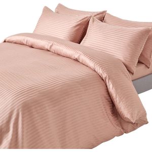 Homescapes Damast beddengoed 155 x 220 cm met satijnen strepen - taupe beige, draaddichtheid 330