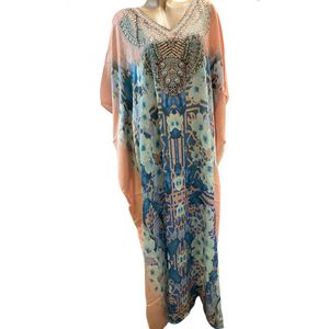 Kaftan licht transparant extra lang met steentjes onesize 42-50 roze/blauw