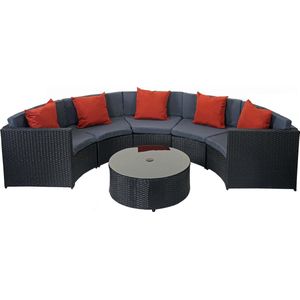 Poly-rattan set rond MCW-E17, tuinset zitgroep ~ zwart, donkergrijze bekleding, terracotta kussens