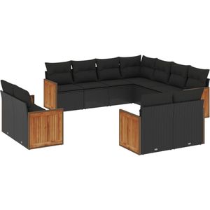 vidaXL Loungeset 11-delig - Zwart - Inclusief kussens