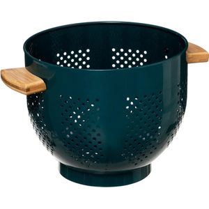Vergiet/zeef op voet petrol groen 22 x 18,5 cm van ijzer met bamboe handvaten - Keukenvergieten