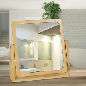 make-up spiegel, 360° draaibaar, vierkant, HBD: 27x26,5x7 cm, tafelspiegeltje, staand, bamboe frame, natuur