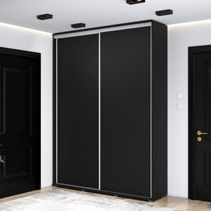 Hoge kledingkast met 2 schuifdeuren - 120x242x45 cm - Zwart - Aluminium handgrepen - Interieur met planken en roede - Hoge kwaliteitsgarantie