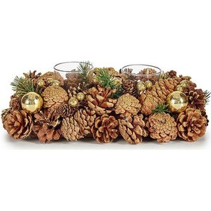 Kerst thema kaarsenhouder ornament gold/green nature 29 x 18 x 11 cm - Voor 2x kaarsjes - Tafel decoratie