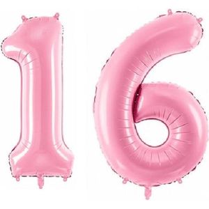 Folie ballon cijfer 16 jaar – 80 cm hoog – Roze – Sweet Sixteen - met gratis rietje - Feestversiering