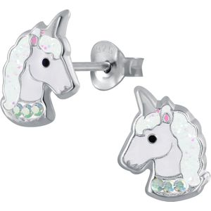 Joy|S - Zilveren eenhoorn oorbellen - unicorn oorknoppen - wit