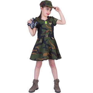 Funny Fashion - Leger & Oorlog Kostuum - Leger Strateeg Kapitein Karin - Meisje - Groen, Bruin - Maat 152 - Carnavalskleding - Verkleedkleding