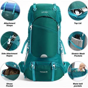 Wandelrugzak 50L, Heren Dames Waterdichte Trekkingrugzak Reisrugzak Outdoor Wandelrugzak met Regenhoes, Backpacker Rugzak voor Wandelen, Bergbeklimmen, Kamperen, Reissporten