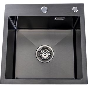 Lendo Online Spoelbak voor keuken met kraangat 440x440x200mm (44x44x20cm) Zwart - Antraciet RVS - Roestvrij staal- Wasbak met waterafvoersysteem - Gootsteen + bevestigingshaken Binnenmaat: 39x35cm