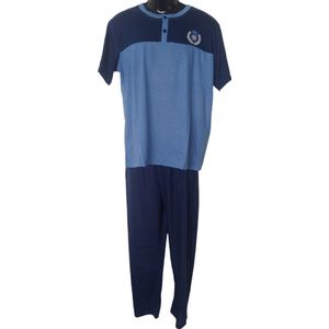Uniseks Pyjama set Dames & Heren - 2 Delig - Kleur Lichtblauw/Donkerblauw/ - Effen met Opdruk - Maat L - Korte Mouwen - Lange Broek - Knopen - Cadeau - Kerst
