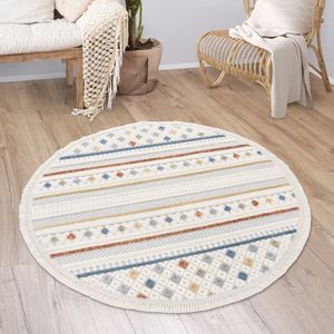 Paco Home Vloerkleed Woonkamer Laagpolig Modern Boho Berber Scandi Geometrisch Franjes 120 cm Rund