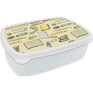 Broodtrommel Wit - Lunchbox - Brooddoos - School - Patronen - Potlood - 18x12x6 cm - Volwassenen