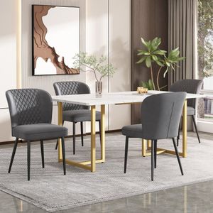 Eetset - 140×80×75cm eettafel met 4 stoelen - gestoffeerde stoel design stoel met rugleuning - MDF tafelblad in wit - Donkergrijs fluwelen eetkamerstoelen - L-vormige Gouden tafelpoten