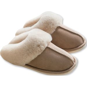 Pantoffels Dames en Heren Fluffy Open Sloffen met Pluche Voering Antislip Zool – Heavency ® - Khaki - Maat 44/45