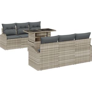 vidaXL - 7-delige - tuinsofa - set - met - kussens - – - Lichtgrijze - poly - rattan