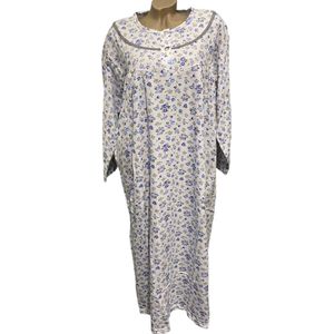 Dames flanel nachthemd lang model met bloemenprint L wit/blauw