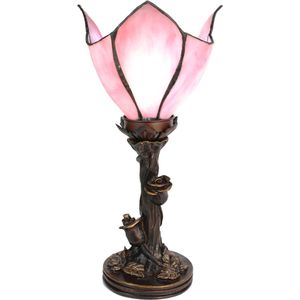 HAES DECO - Tiffany Tafellamp 32 cm Roze Glas Tiffany Bureaulamp Tiffany Lampen Glas in Lood