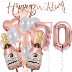 70 Jaar Verjaardag Cijferballon 70 - Feestpakket Snoes Ballonnen Pop The Bottles - Rose White Versiering