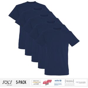 5 Pack Sol's Jongens/Meisjes T-Shirt 100% biologisch katoen Ronde hals Navy Blue Maat 96/104 (3/4 Jaar)