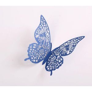 Cake topper decoratie vlinders of muur decoratie met plakkers 12 stuks blauw - 3D vlinders - VL-02