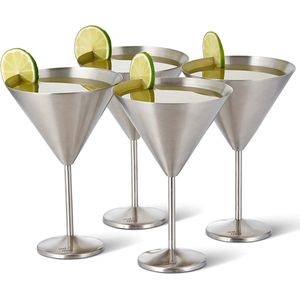 4 grote roestvrijstalen Martini cocktailglazen (XL 460ML) - Zilver Mat-robuust en onbreekbaar-Geschenkset voor verjaardagen en Kerstmis