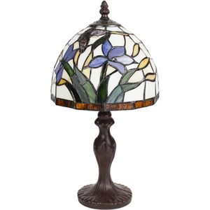 Tiffany Tafellamp Ø 20x36 cm Beige Blauw Glas Rond Bloemen Tiffany Bureaulamp Tiffany Lampen Glas in Lood