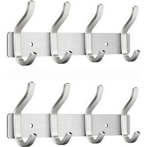 Garderobehaken roestvrij staal - moderne jashouder met 4 haken - wandgarderobe voor kleding - MEIJO (zilver, 2 stuks) hook coat rack wall mounted