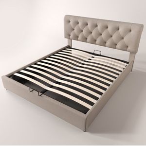 Hydraulisch gestoffeerd bed 140x200cm, verstelbaar hoofdeinde tweepersoonsbed, modern bedframe met opbergruimte, naturel, zonder matras