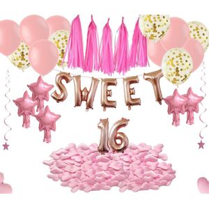 Sweet 16 verjaardag feest pakket Versiering Ballonnen voor feest leeftijd 16 jaar. Opblaasbare roze Sweet 16. Slingers,  Feestballonnen, hartjes en party spiralen.