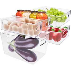 Koelkastorganizer, set van 5 keukenorganizers met handgrepen, transparant, stapelbare koelkastorganizer, lade, voorraaddoos voor keuken, koelkast, kasten, snacks