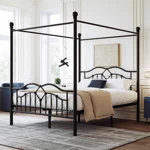 Gutent Metalen bed (Zonder matras), Hemelbed, Gebogen hoofdeinde, Frans minimalistisch, Plat bed, Zwart, 140x200cm