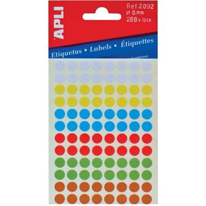 Apli ronde etiketten in etui diameter 8 mm, geassorteerde kleuren, 288 stuks, 96 per blad (2092)