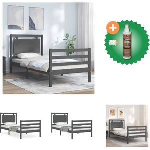 vidaXL Bedframe met hoofdbord massief hout grijs 90x200 cm - Bed - Inclusief Houtreiniger en verfrisser