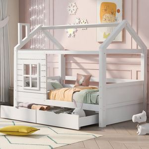 Sweiko Kinderbed - 90*200cm - 2 Laden - Valbescherming - Massief houten bed - Lattenbodem - Wit