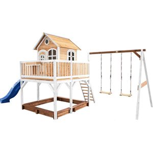AXI Liam Speelhuis in Bruin/Wit - Met Verdieping, Zandbak, Dubbele Schommel en Blauwe Glijbaan - Speelhuisje voor de tuin / buiten - FSC hout - Speeltoestel voor kinderen