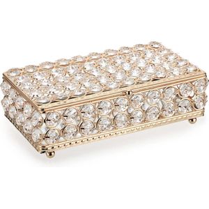 Crystal Jewellery Box with Glass Lid Metal Jewellery Case Jewellery Holder Jewellery Box Decoration for Living Room Bathroom Gift for Wife Girlfriend Rectangular (Gold, Large)