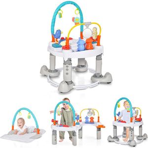 4-in-1 Baby Speelcentrum, Speelmat & Loopstoel & Activiteitentafel met 3 Verstelbare Hoogtes, Speelgoedstang & Muziekdoos, 360° Draaibare Wipstoel Jumperoo Opvouwbaar voor 0-24 Maanden (Grijs)