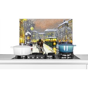 Spatscherm keuken 60x40 cm - Kookplaat achterwand Schilderij - Olieverf - Winter - Tram - Paard - Muurbeschermer - Spatwand fornuis - Hoogwaardig aluminium
