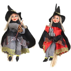 Halloween decoratie heksen pop op bezem - 2x - 20 cm - grijs/rood