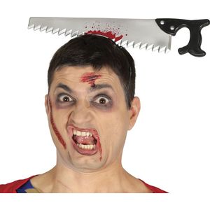Halloween/horror verkleed diadeem - zaag door hoofd - kunststof - verkleedaccessoires