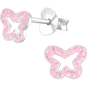 Joy|S - Zilveren vlinder oorbellen - 7 x 5 mm - roze glitter - oorknoppen voor kinderen