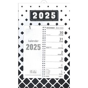 MGPcards - Omlegweekkalender 2025 - Week begint op maandag - 21 x 34 cm - Ruit - Zwart - Wit