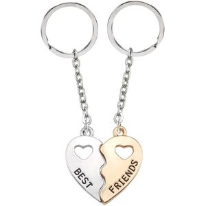 Bixorp Friends Vriendschap Sleutelhanger voor 2 Zilver & Goudkleurig Hartje - Roestvrij staal / Stainless Steel - Sleutelhanger Liefde - Best Friends BFF Cadeau Meisjes & Kinderen