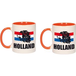 2x stuks Holland leeuw silhouette mok/ beker oranje wit 300 ml