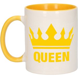 1x Cadeau Queen beker / mok - geel met wit - 300 ml keramiek - gele bekers